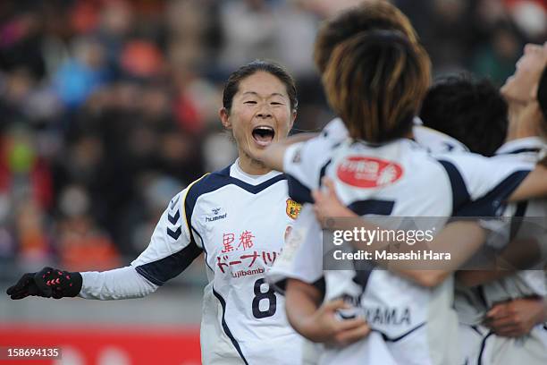 Homare Sawa of INAC Kobe Leonessa celebrates the first goal during the 34th Empress's Cup All Japan Women's Football Tournament final match between...
