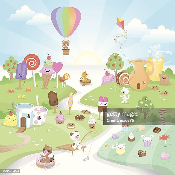 sweet summer candy paradise - cat dog rabbit stock illustrations