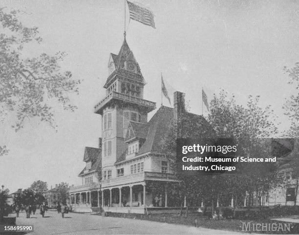 The Michigan State Building at the World's Columbian Exposition in Chicago, Illinois, 1893. This image was published in the 'Portfolio of Photographs...