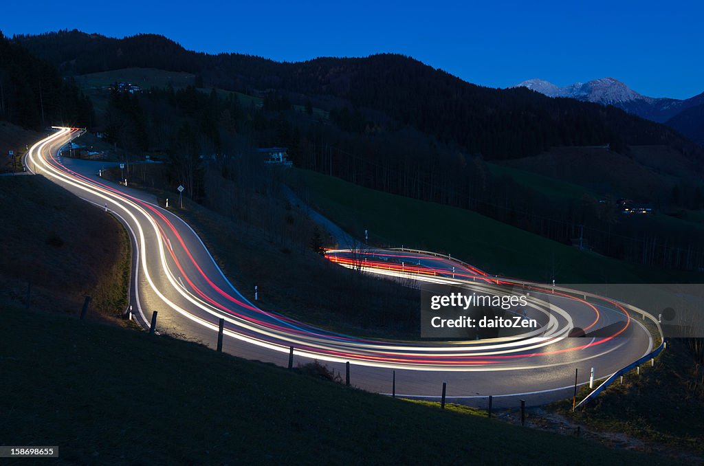 Light trails on mountain road