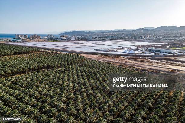 This picture taken on July 30, 2023 shows an aerial view of a palm grove next to salt flats at the Aravah valley in the Negev desert near Israel's...