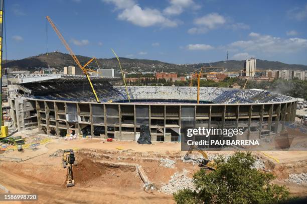 Picture shows ongoing construction works to build the new Camp Nou stadium in Barcelona on August 9, 2023.