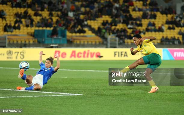 Hildah Magaia of South Africa scores her team's second goal during the FIFA Women's World Cup Australia & New Zealand 2023 Group G match between...
