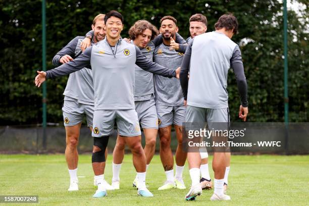 Craig Dawson, Hee-chan Hwang, Fabio Silva, Matheus Cunha, Matt Doherty and Hugo Bueno of Wolverhampton Wanderers during a Wolverhampton Wanderers...
