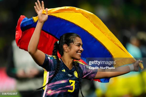 Daniela Alexandra Arias Rojas of Colombia and America de Cali celebrates victory after the FIFA Women's World Cup Australia &amp; New Zealand 2023...