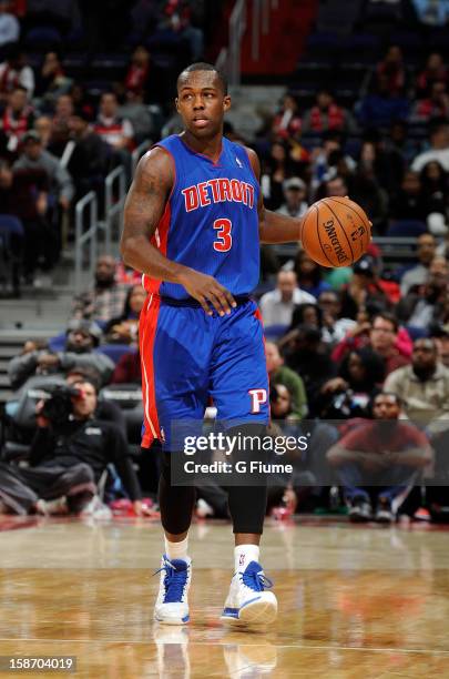 Rodney Stuckey of the Detroit Pistons handles the ball against the Washington Wizards at the Verizon Center on December 22, 2012 in Washington, DC....