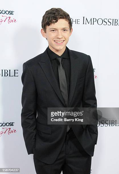 Actor Tom Holland arrives at the Los Angeles premiere of 'The Impossible' held at ArcLight Cinemas Cinerama Dome on December 10, 2012 in Hollywood,...
