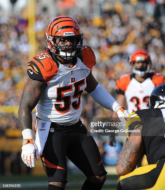 Linebacker Vontaze Burfict of the Cincinnati Bengals looks on from the field during a game against the Pittsburgh Steelers at Heinz Field on December...