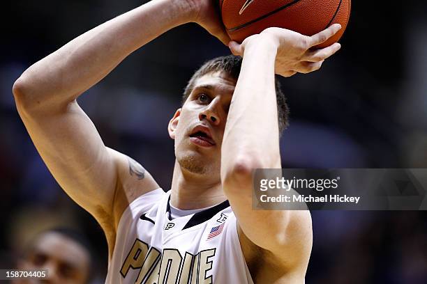 Donnie Hale of the Purdue Boilermakers shoots a free throw during action against the Ball State Cardinals at Mackey Arena on December 18, 2012 in...