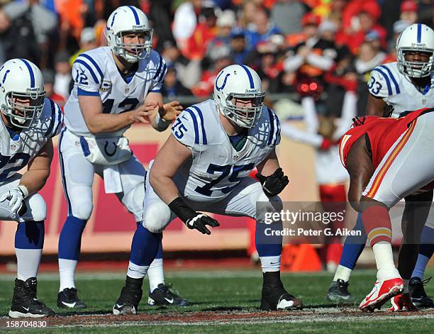 Offensive guard Mike McGlynn of the Indianapolis Colts gets set on the line against the Kansas City Chiefs during the first half on December 23, 2012...