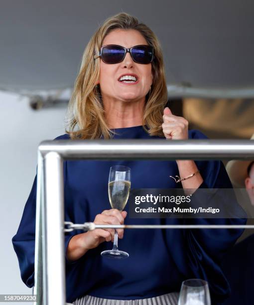 Penny Mordaunt, Leader of the House of Commons and Lord President of the Council watches the racing as she attends day 1 'Goodwood Cup Day' of the...