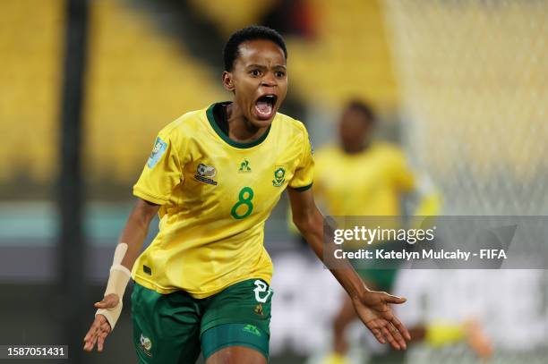 Hildah Magaia of South Africa celebrates the third goal of her team scored by teammate Wendy Shongwe during the FIFA Women's World Cup Australia &...