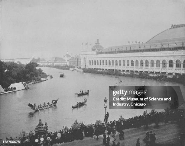 The Boat Parade on Transportation Day at the World's Columbian Exposition in Chicago, Illinois, 1893. This image was published in 'The Dream...
