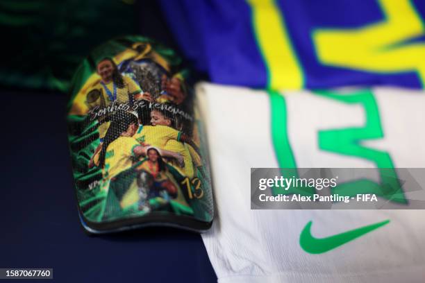 Detailed view of the shin guards of Bruninha in the Brazil dressing room prior to the FIFA Women's World Cup Australia & New Zealand 2023 Group F...