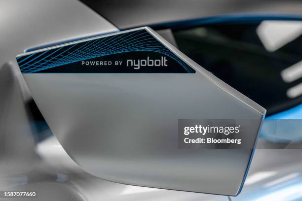 The charging port cover on a prototype of the Nyobolt EV, developed in partnership with Callum engineering, on display at the Nyobolt Ltd....