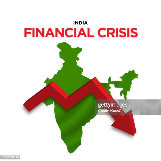 india map with falling arrow. financial stagnation, recession, crisis, business crash, stock markets down, economic collapse. vector stock illustration - devaluation stock illustrations