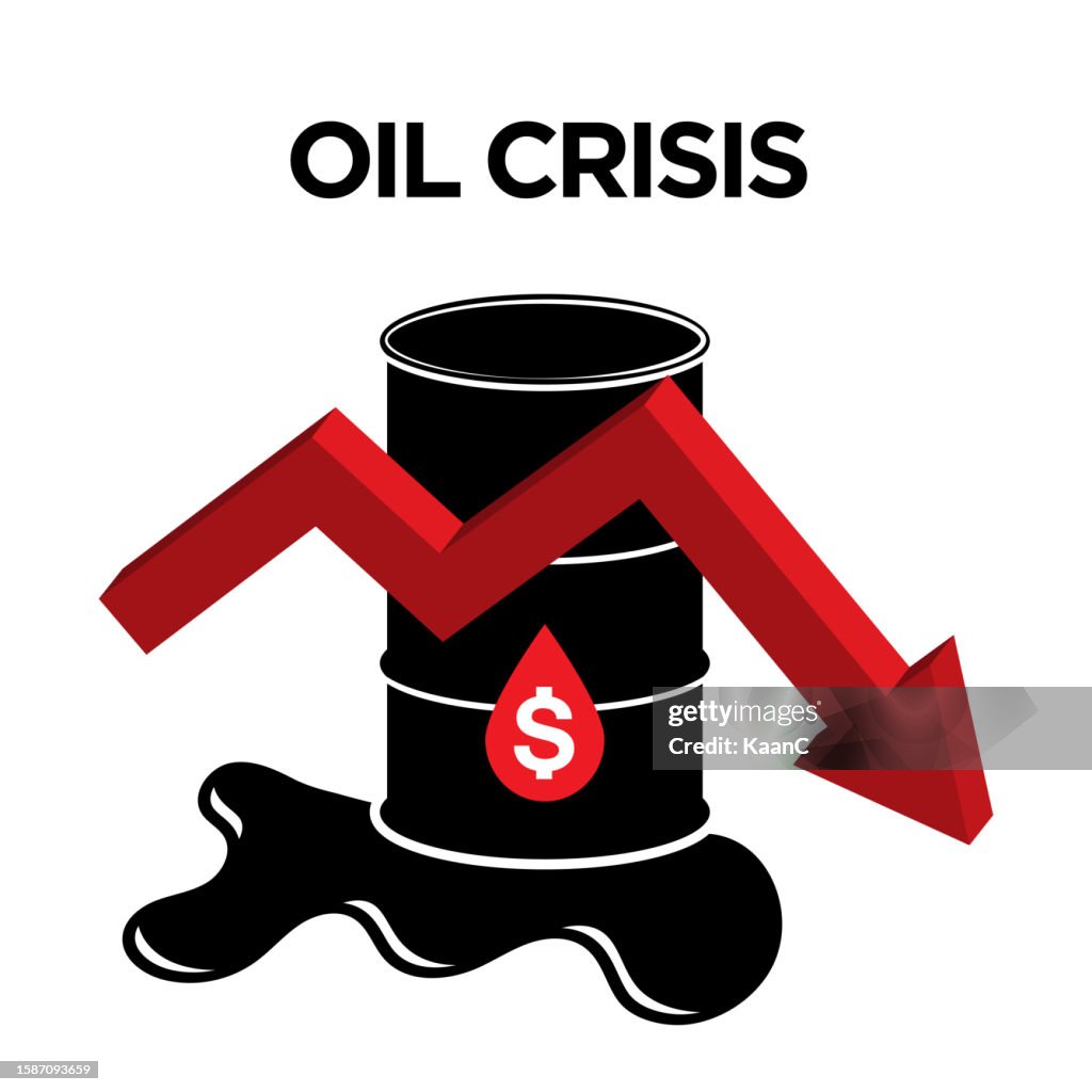 Oil barrel with falling arrow. Financial stagnation, recession, crisis, business crash, stock markets down, economic collapse. Vector stock illustration