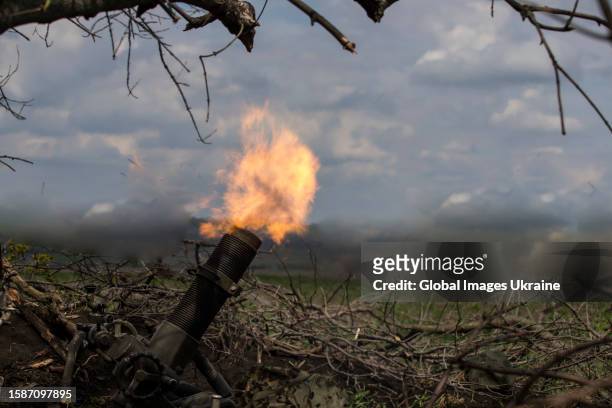 Ukrainian military members fire from a French 120 mm mortar on April 24, 2023 in Donetsk Oblast, Ukraine.