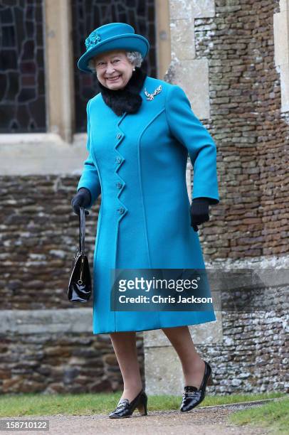 Queen Elizabeth II leaves St Mary Magdalene Church after attending the traditional Christmas Day church service on December 25, 2012 in Sandringham,...