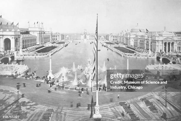 The Court of Honor, looking east from the Administration Building, showing MacMonnies' Fountain in action at the World's Columbian Exposition in...