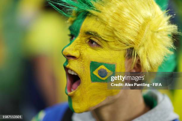 Brazil fan shows their support while wearing face paint prior to the FIFA Women's World Cup Australia & New Zealand 2023 Group F match between...