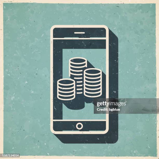 smartphone with stack of coins. icon in retro vintage style - old textured paper - copper texture background stock illustrations