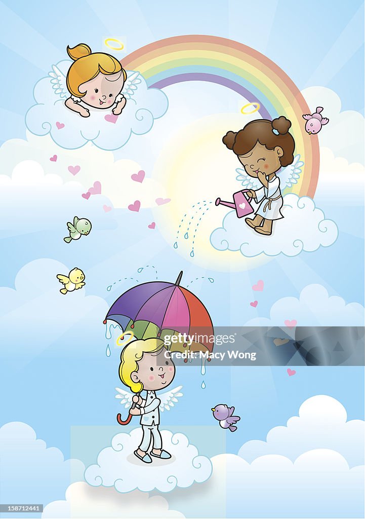 Rainbow angel kids raining