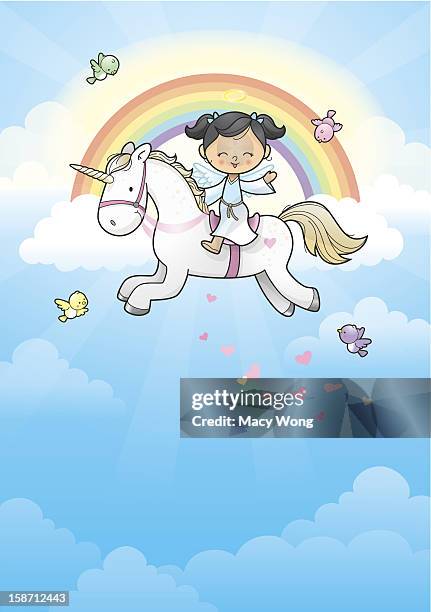 ilustraciones, imágenes clip art, dibujos animados e iconos de stock de rainbow ángel girl riding unicornio - aureola
