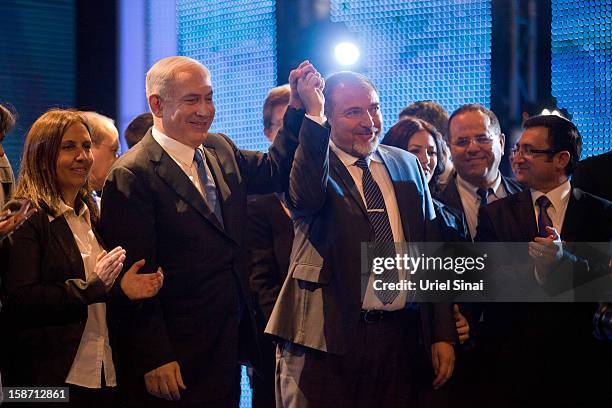 Israeli Prime Minister Benjamin Netanyahu and former Foreign Minister Avigdor Lieberman launch the Likud-Beitenu election campaign on December 25,...