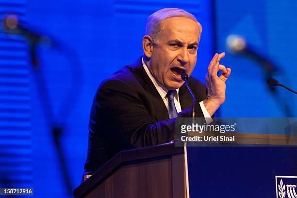 Israeli Prime Minister Benjamin Netanyahu launches the Likud-Beitenu election campaign on December 25, 2012 in Jerusalem, Israel. Netanyahu has...
