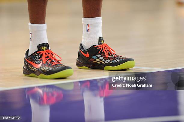 The shoes of Kobe Bryant of the Los Angeles Lakers are shown during a game against the New York Knicks at Staples Center on December 25, 2012 in Los...