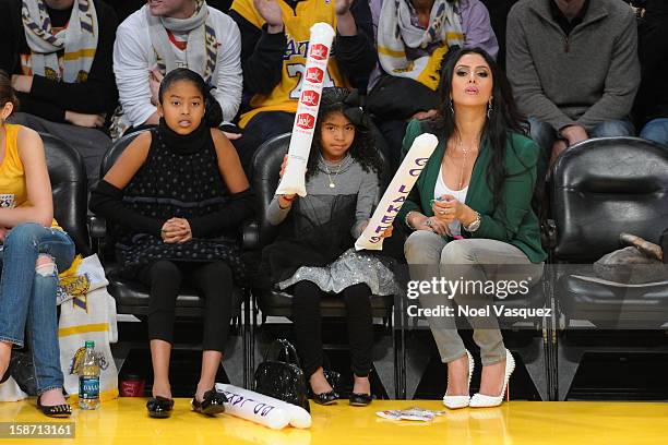 Natalia Bryant, Gianna Bryant and Vanessa Laine Bryant attend a basketball game between the New York Knicks and the Los Angeles Lakers at Staples...