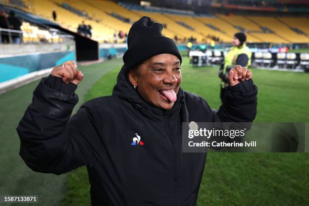 Desiree Ellis, Head Coach of South Africa, celebrates after their team advanced to the knockouts during the FIFA Women's World Cup Australia & New...