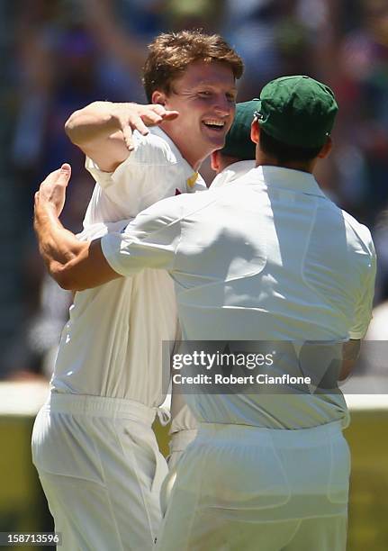 Jackson Bird of Australia celebrates taking the wicket of Thilan Samaraweera of Sri Lanka during day one of the Second Test match between Australia...