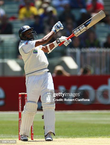 Thilan Samaraweera of Sri Lanka hits out during day one of the Second Test match between Australia and Sri Lanka at Melbourne Cricket Ground on...