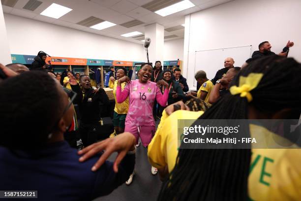 Andile Dlamini of South Africa celebrates after their team advanced to the knockouts during the FIFA Women's World Cup Australia & New Zealand 2023...