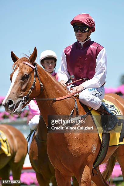 Vlad Duric riding Montsegur after winning the Joe Brown Plate at Caulfield Racecourse on December 26, 2012 in Melbourne, Australia.