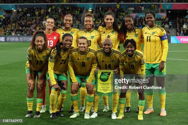 Jamaica players pose for a team photo prior to the FIFA Women's World Cup Australia & New Zealand 2023 Group F match between Jamaica and Brazil at...