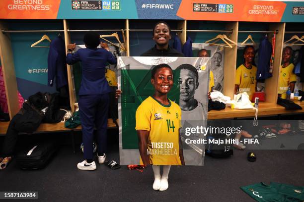 Tiisetso Makhubela of South Africa celebrates in the dressing room after their team advanced to the knockouts during the FIFA Women's World Cup...