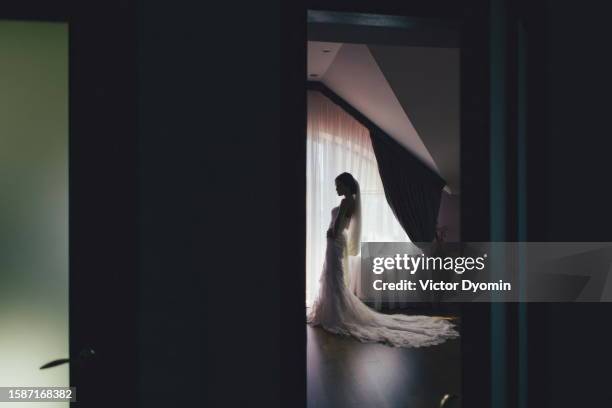 graceful young bride in her dark bedroom - robe de mariée photos et images de collection