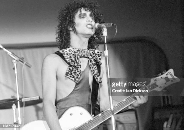 Sylvain Sylvain of New York Dolls performs on stage at the Rainbow Room at the fashion store Biba in Kensington, London on 26th November 1973.