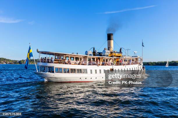 steamship at archipelago island of vaxholm - stockholm boat stock pictures, royalty-free photos & images