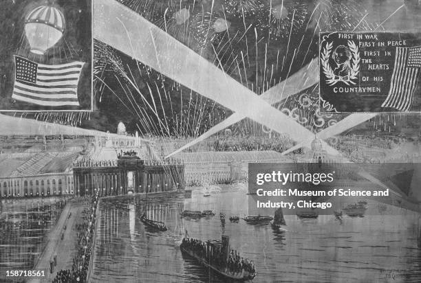 Artistic rendition of the Grand Illumination and accompanying display of fireworks at the World's Columbian Exposition in honor of America's Day,...