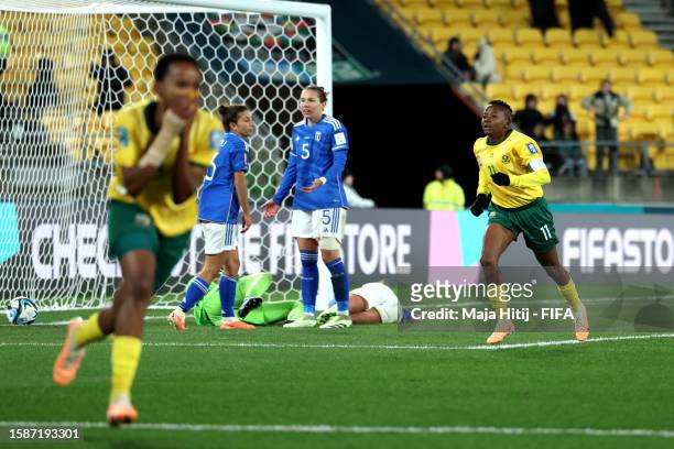 Thembi Kgatlana of South Africa celebrates after scoring her team's third goal during the FIFA Women's World Cup Australia & New Zealand 2023 Group G...