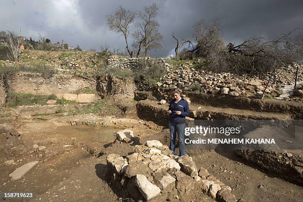Israel Antiquities Authority archaeologist Anna Ririkh displays on December 26 2012 the temple site and the altar used for religious rituals and...