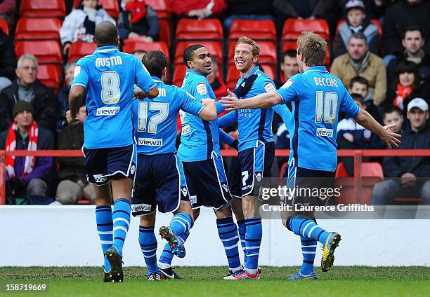 Paul Green of Leeds United is congratulated on scoring the opening goal during the npower Championship match between Nottingham Forest and Leeds...