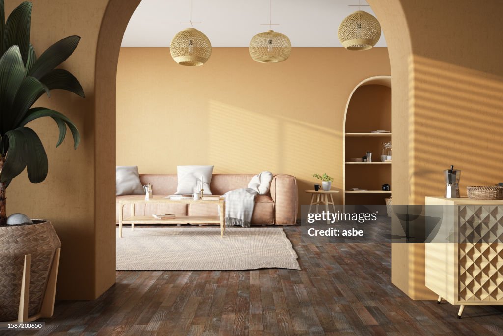 Cozy Boho Style Living Room Through Arch Door