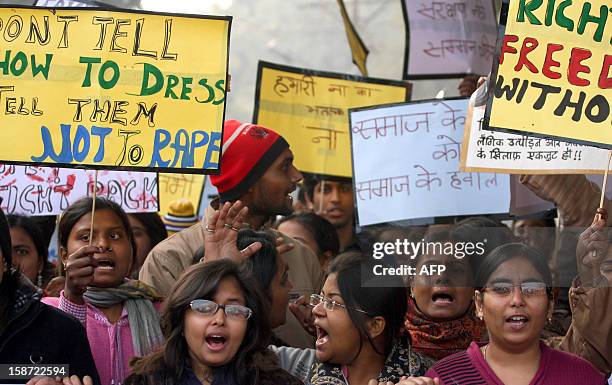 Indian students and others shout slogans and hold placards as they take part in a protest rally in Allahabad on December 26 following the rape of a...