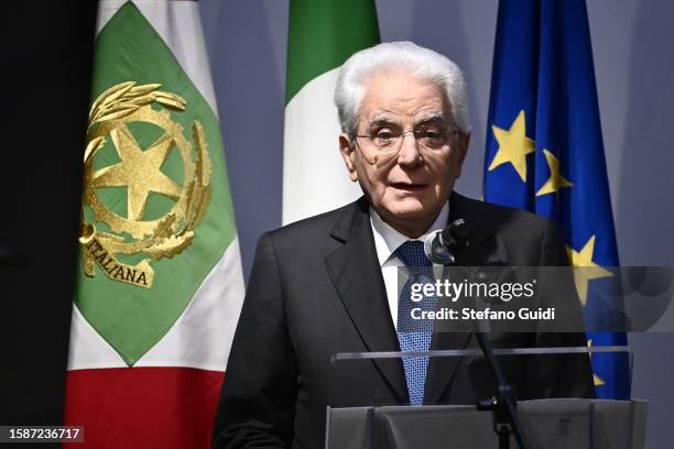 Sergio Mattarella, President of Italian Republic speaks at the "Polo 900" on August 2, 2023 in Turin, Italy.