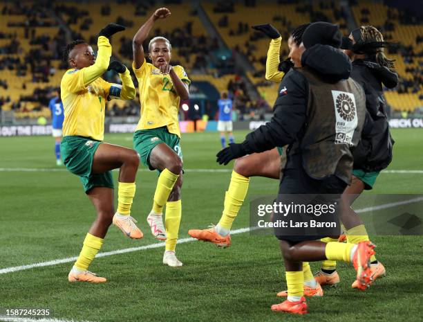 Thembi Kgatlana of South Africa celebrates with teammates after scoring her team's third goal during the FIFA Women's World Cup Australia & New...